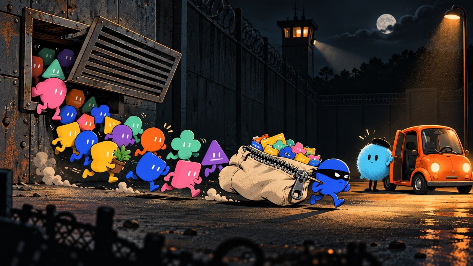 A crew of colorful geometric bots pours out of a prison vent at night. A masked blue bot drags a zipped duffel full of the fleet toward a fuzzy blue dot in a beret, waiting by an orange getaway car.
