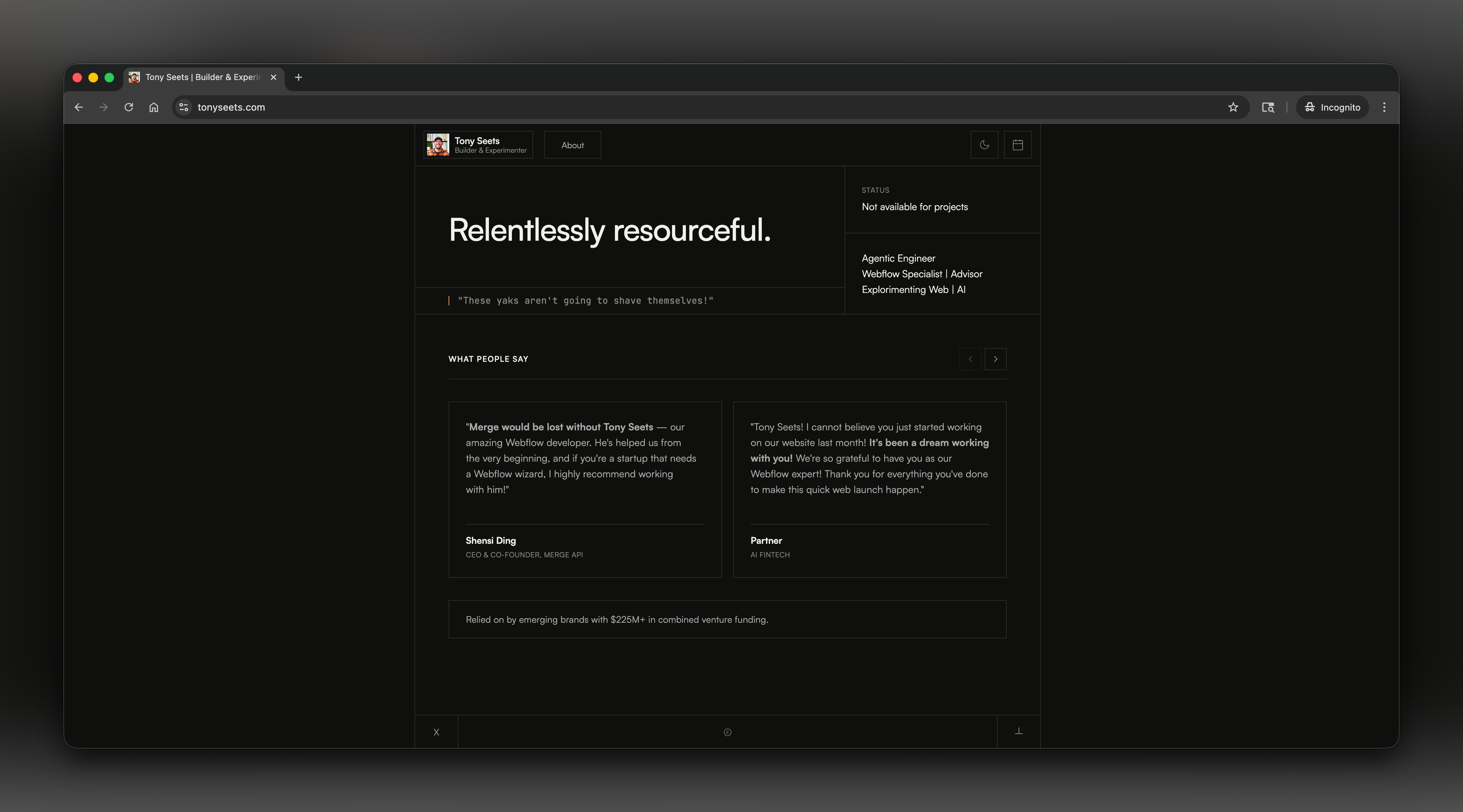 tonyseets.com homepage showing the hero section, status badge, testimonial cards, and footer